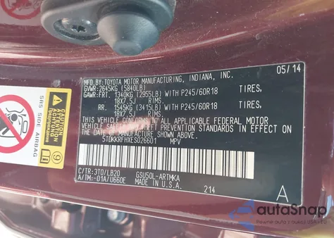 2014 Toyota Highlander Xle V6 из США, поврежденный, VIN 5TDKKRFHXES026601